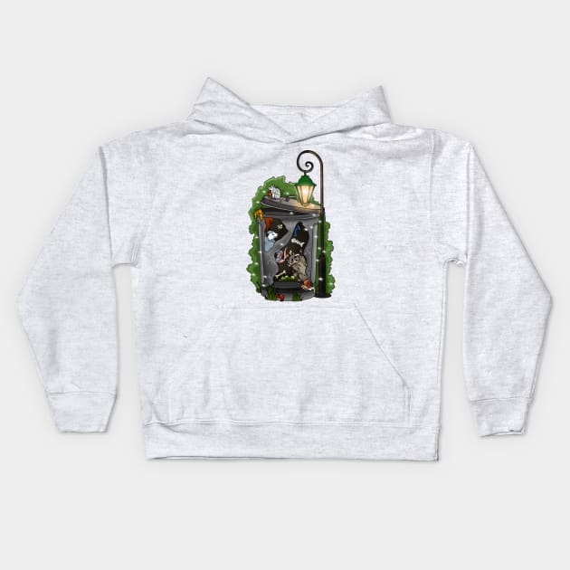 Opossum and raccoon in a trash can having fun Kids Hoodie by The Christmas Lady